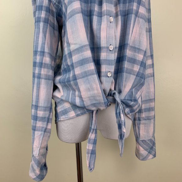 CLOTH & STONE Anthropologie Blue Pink Plaid Tie Hem Long Sleeve Button Shirt - Picture 6 of 10